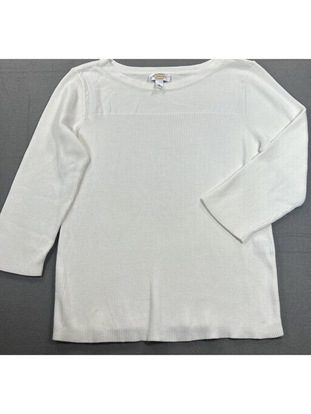 Talbots Size XL Antique White Ribbed Cotton Knit Top 3/4 Sleeve Round Neck